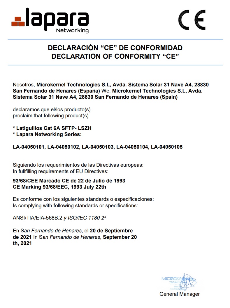 Certificado conformidad latiguillos Cat 6A SFTP Lapara Networking